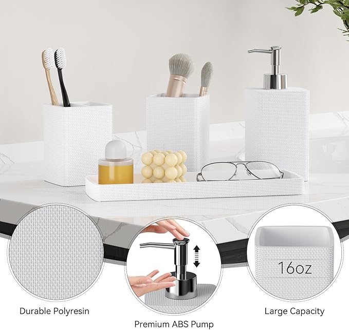 White Bathroom Set, White Bathroom Accessories Set with Shower Curtain and Rugs, Bath Towel Set, Natural Loofah Sponge, Soap Dispenser, Toothbrush Holder, Bathroom Tumbler and Tray for Bathroom