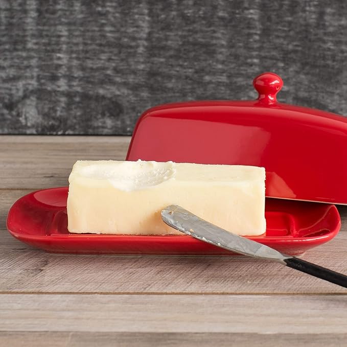 Now Designs Stoneware Rectangle Butter Dish with Lid, Red 4.5 x 8 in