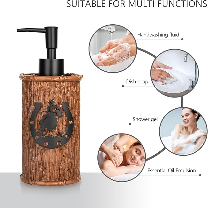 Bathroom Accessory Sets 4PCS Bathroom Accessories Set Complete Western Rustic Horseshoes Decoration Includes Lotion Dispenser Toothbrush Holder Tumbler Cup & Vanity Tray