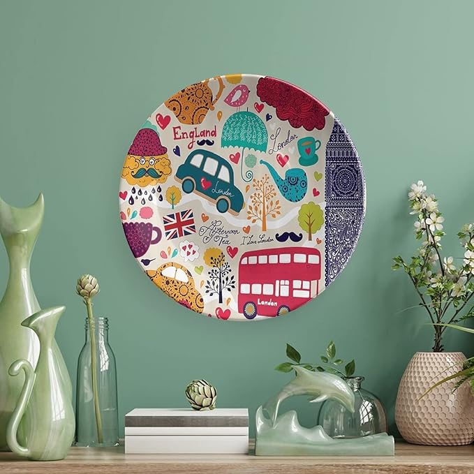 7 Inch Decorative Plate,London Decor Tableware Plate, Colorful Local Symbols Bus Big Ben Tea Pot Cup Umbrella Hat Retro Print Ceramic Wall Hanging for Fine Dining, Dinner Parties, Weddings, Catering