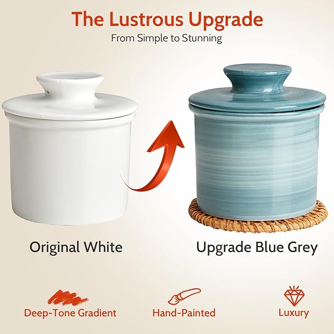 Sweese Hand-Painted Butter Crock with Lid – Vintage-Inspired Butter Keeper for Countertop Use, Unique Artistic Design, Dishwasher & Microwave Safe