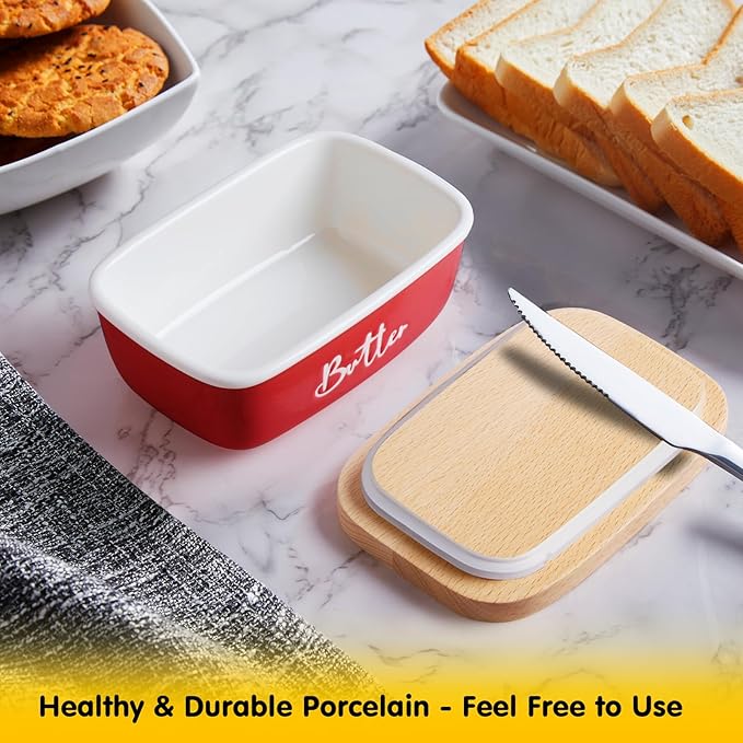 ALELION Red Butter Dish with Lid for Countertop, Ceramic Butter Container with Beech Wood Lid, Airtight Butter Keeper for Counter or Fridge, for Red Kitchen Decor and Accessories