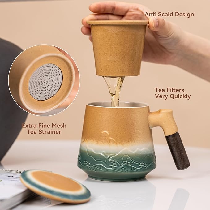 Ceramic Tea Mug with Infuser & Lid, 15oz Kiln-Transformed Unique Cup – Nature's Artisan Design, Loose Leaf Tea Cup with Infuser, Insulated Ceramic Coffee Mugs with Lid, Gift for Women/Men