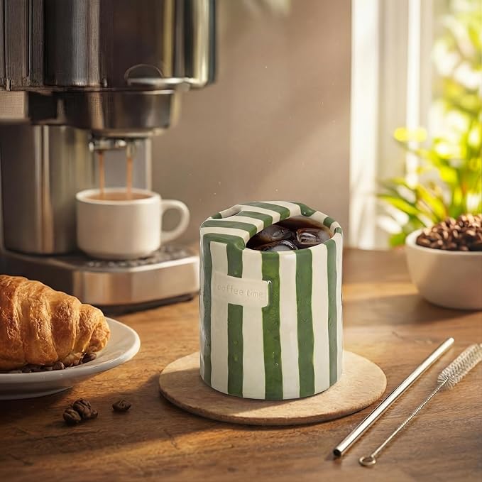 1 Pack Ceramic Coffee Mug with Sip Hole Espresso Cup 10oz with Straws Retro Hand Painted Striped Porcelain Coffee Tea Cup Cappuccino Latte Mug for Kitchen Dining Travel (Green)