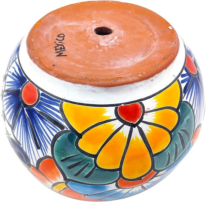 Cactus Canyon Ceramics Talavera Ceramic Planter, Hand-Painted Mexican Floral Print Plant Pot, Indoor Outdoor Round Bowl with Drainage Hole, Rustic Terracotta Decor, 8.5 Inch, Dark Blue Multicolor