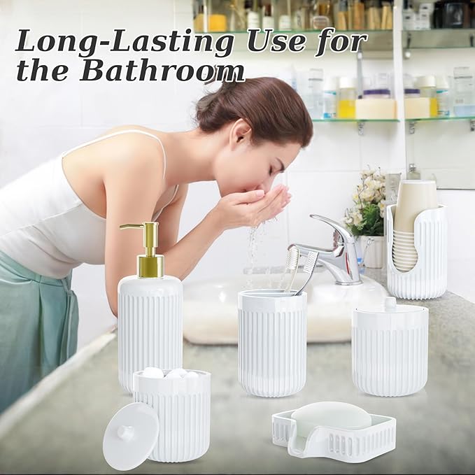 Ceramic Bathroom Accessories Set of 6 White, Soap Dispenser, Toothbrush Holder, Cup Holder, Soap Dish, 2 Qtip Holder, Countertop Vanity Organizer, Bathroom Accessory Set (White, Comb B)