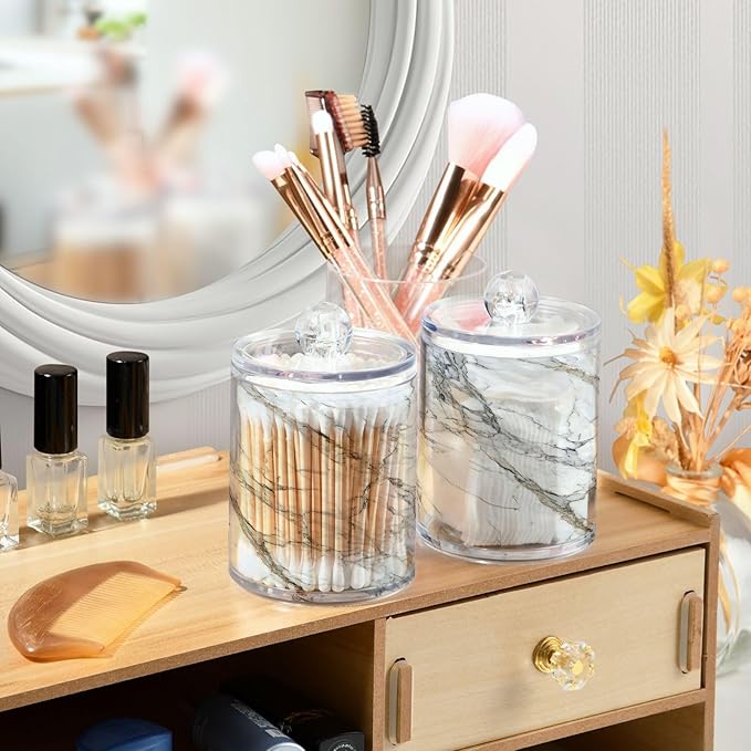 MNSRUU 4 Pack Qtip Holder Organizer Dispenser Stylish White Marble Texture Bathroom Containers Bathroom Vanity Storage Canister Apothecary Jars for Cotton Swabs/Pads/Floss