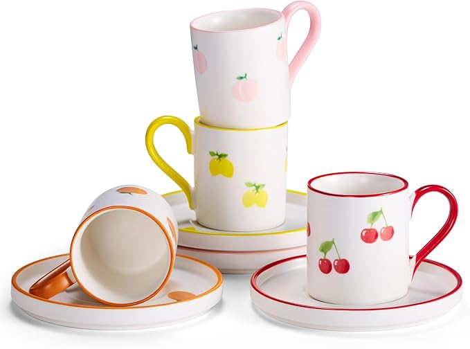 KooK Espresso Cups and Saucers, Hand Painted, Porcelain Demitasse Set with Colorful Fruit Patterns, Dishwasher & Microwave Safe, Holiday Gift, 3 oz, Set of 4