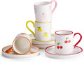 KooK Espresso Cups and Saucers, Hand Painted, Porcelain Demitasse Set with Colorful Fruit Patterns, Dishwasher & Microwave Safe, Holiday Gift, 3 oz, Set of 4