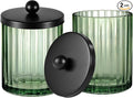 Amolliar Sage Green Glass Apothecary Jar, Qtip Holder Dispenser for Cotton Swabs, Balls, Makeup Pads, Floss Picks, Bathroom Essential Accessories, Countertop Canister Storage Organizer (Black, 2 Pack)