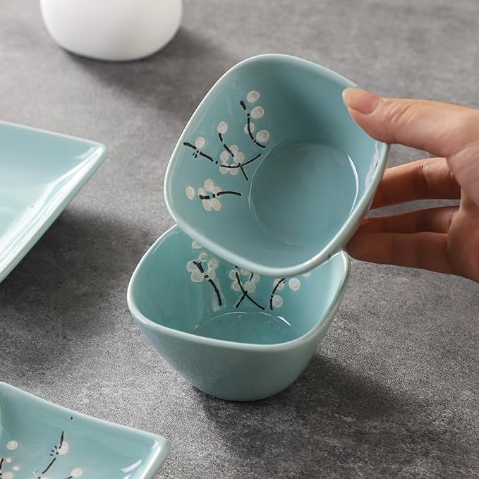 10 pcs Japanese Sushi Plate Sets Serving Platters and Trays for Entertaining Sushi Dishes Set Plates Sushi Plates Traditional Cuisine Dinnerware Sets with Chopsticks Blue Plum