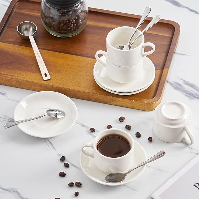 2.5oz Espresso Cups Set of 4, Demitasse cups and Saucers with Spoons for 4, Expresso Shot Cups for Espresso Machine-White