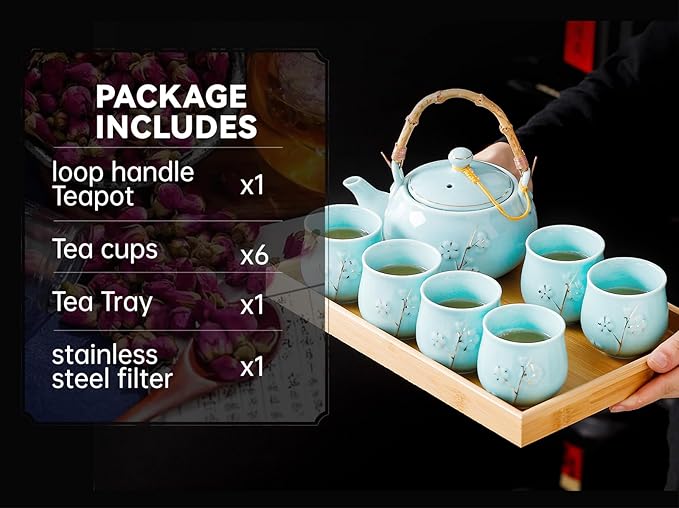 Japanese Tea Set with 1 Teapot(23 oz/660ml), 6 Tea cups(5.3 oz/150ml), 1 Tea Tray, 1 Stainless Infuser, Golden plum blossom relief,Chinese gungFu tea set (Golden plum-Blue)