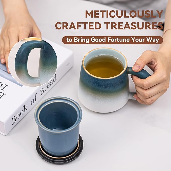 Ceramic Tea Mug with Infuser & Lid, 16oz Kiln-Transformed Unique Cup – Nature's Artisan Design, Loose Leaf Tea Cup with Infuser, Insulated Ceramic Coffee Mugs with Lid, Gift for Women/Men