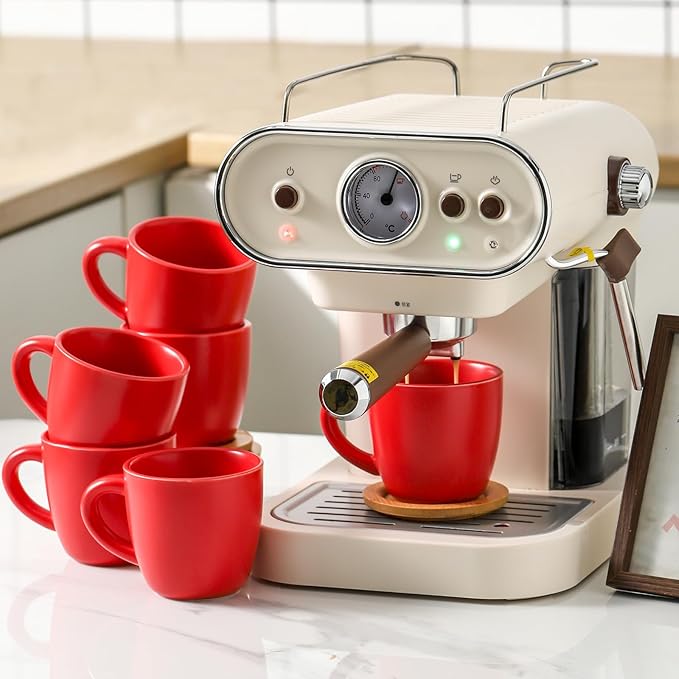 HASENSE 8 oz Tea Cups and Saucers Set of 6, Ceramic Coffee Cups Latte Cappuccino Cups with Handle for Double Shot, Cafe Mocha, Espresso, Stackable Coffee Mugs for Party Home and Kitchen, Red