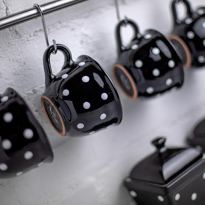 City to Cottage Handmade Black and White Polka Dot Large Ceramic 12oz/350ml Cappuccino Coffee Tea Cup and Saucer, Unique Designer Pottery for Tea Lovers