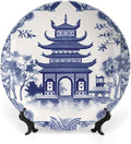 Chinoiserie Blue Asian Pagoda Plates Ceramic of 6", 7", 9", 10", Customize Bone China Decorative Plate, Wall Home Decorations Office, Unique Art with Stand