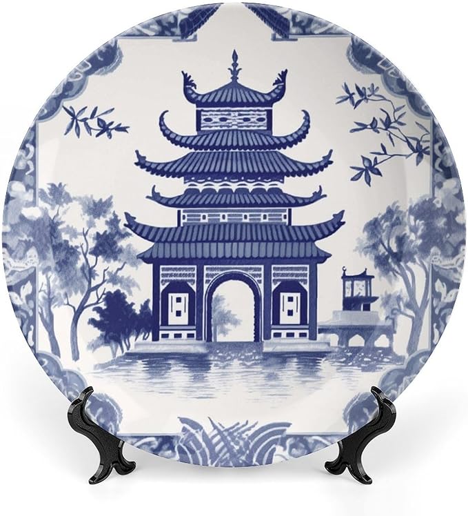 Chinoiserie Blue Asian Pagoda Plates Ceramic of 6", 7", 9", 10", Customize Bone China Decorative Plate, Wall Home Decorations Office, Unique Art with Stand
