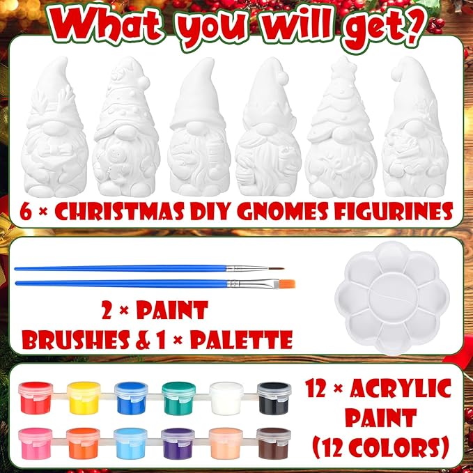 Eersida 6 Sets Gnome Ceramics to Paint Pumpkin Ready to Paint Your Own Ceramic Gnome Statues DIY Unpainted Ceramics Paintable Figurines Kit Crafts with Brush Palette(Christmas)
