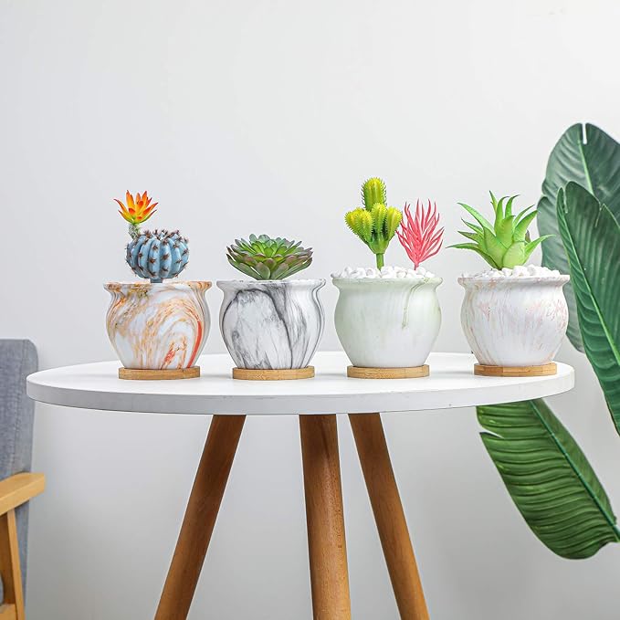 ARTKETTY Succulent Pots - 4.5 Inch Small Succulent Plant Pots with Saucers Marbling Cactus Flower Planter Ceramic Pots for Indoor Plants Set of 4