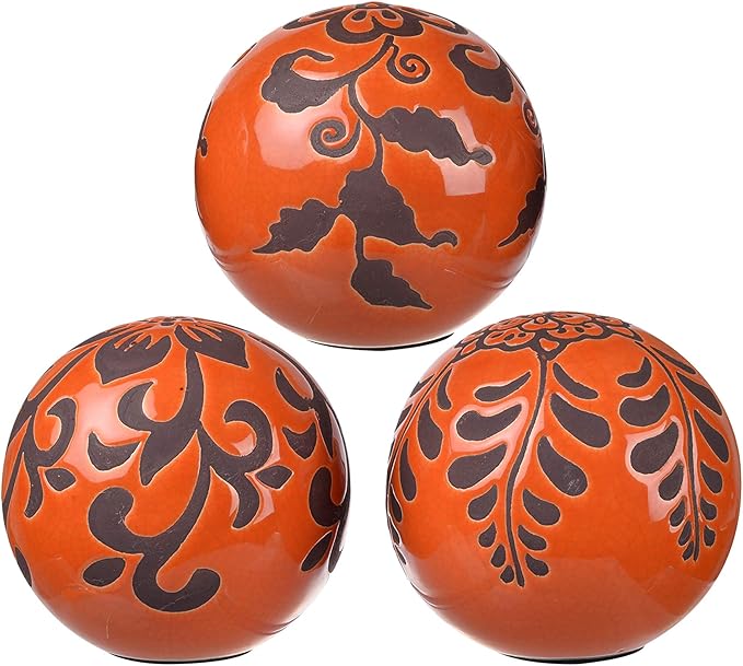 A&B Home Decorative Orbs - Table Centerpieces Set of 6 Ceramic Sphere Ball with Flat Side Orange Pattern, 4 inch