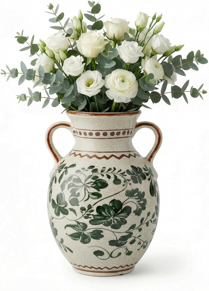 EFISPSS Ceramic Vintage Vase Decorative Spring Decor Chinese Crackle Floral Handle for Dining Room Living Room Green 8.4 in