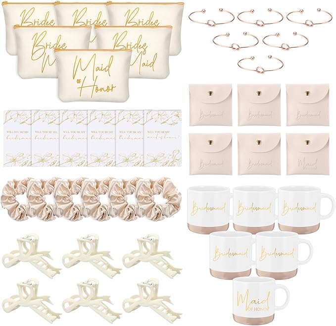 42 Pcs 6 Sets Wedding Favors Bridesmaid Proposal Gifts Maid of Honor Ceramic Coffee Cups Cosmetic Makeup Bags Invited Cards Scrunchies Knotted Bracelets Jewelry Bags Hair Claw Clips(Champagne)