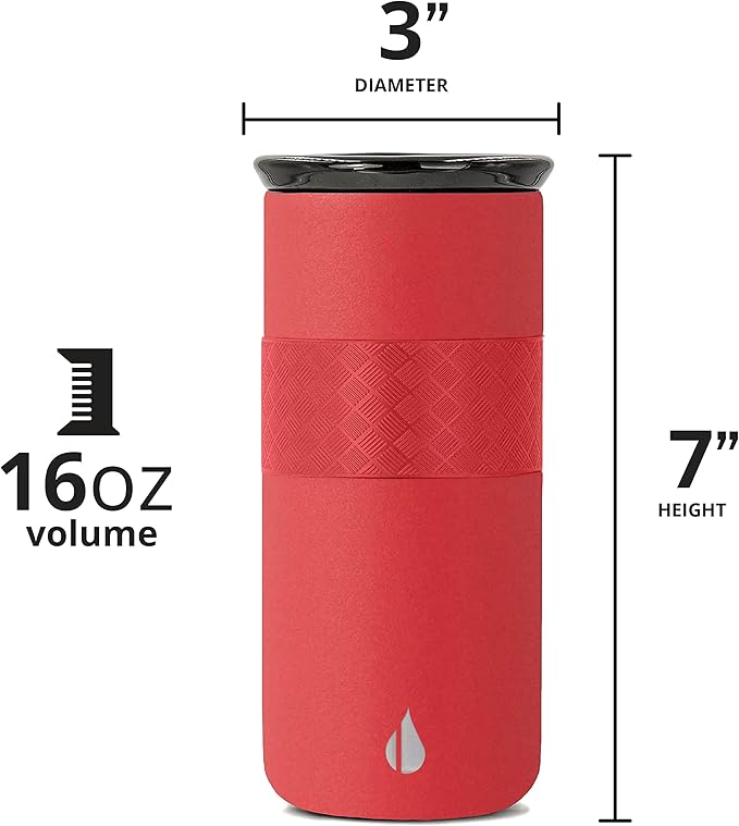 Elemental Personalized Artisan Insulated Tumbler, Triple Wall Coffee Travel Tumbler, Reusable Stainless Steel Coffee Tumbler with Ceramic Lid, Thermal Coffee Cup for Hot & Cold, 16oz - Red