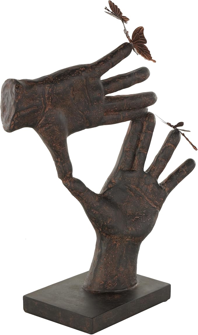 Deco 79 Polystone Hands Decorative Sculpture Sign Home Decor Statue with Butterrfly Accents, Accent Figurine 11" x 5" x 16", Dark Brown