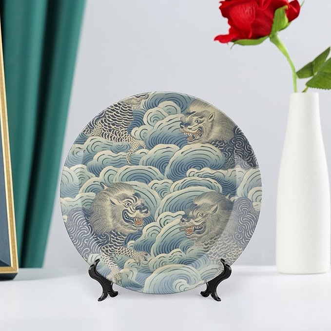 Blue Tibet Tiger Plates Ceramic of 6", 7", 9", 10", Customize Dinner Plates, Home Household Decorations Housewarming Gifts, 1 Plate with 1 Display Stand