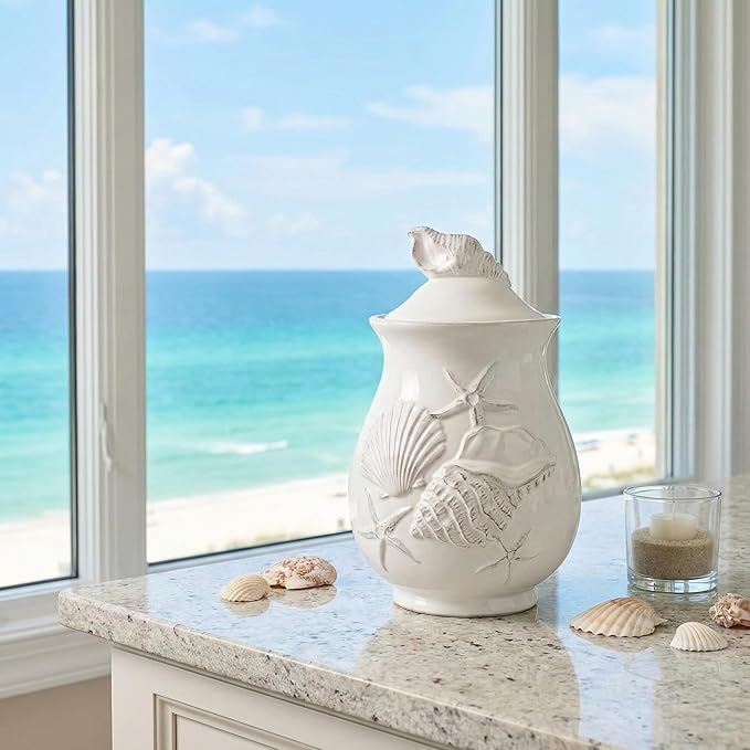 Blue Sky Clayworks Laguna Coastal Canister, Ceramic, 6" L x 6" W x 9.5" H, Seashell-White Counter Accent