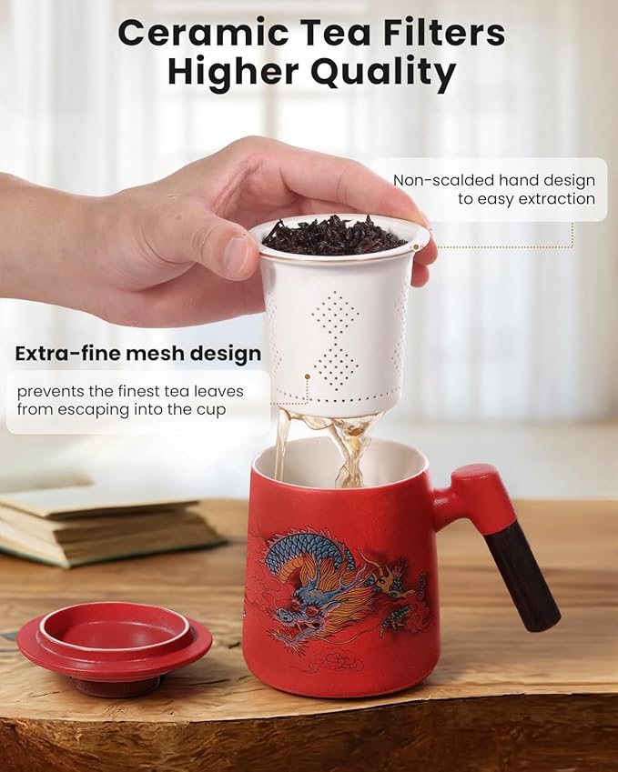 Ceramic Tea Cup with Infuser and Lid, 13.5 oz Tea Mug for Loose Leaf Tea,Wood Handle,Chinese Dragon Design,All Porcelain Strainer,BPA-Free, Perfect for Tea Lovers/Birthday/Easter (Red）