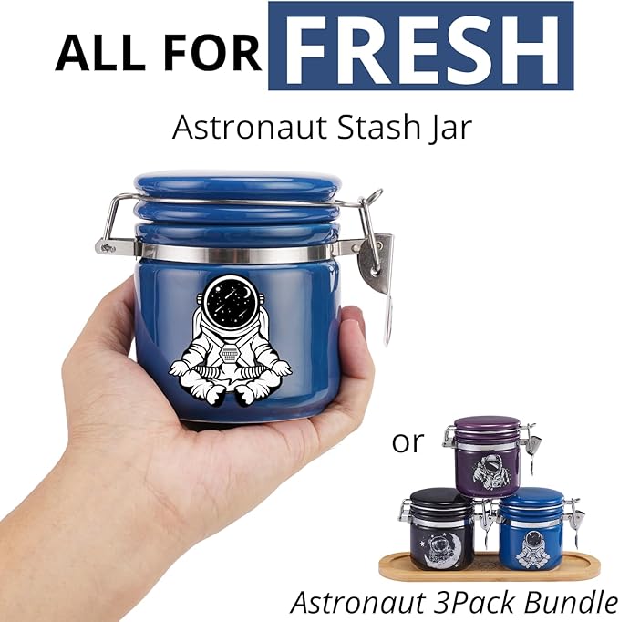 Smell Proof Jar Half Oz (250ml), Separate Space for Humidity Pack To Keep Herbs, Spices Fresh For Months - Ceramic Smell Proof Containers, Stash Jar with Clamp Lid -Double Sealed Airtight Jar -Blue
