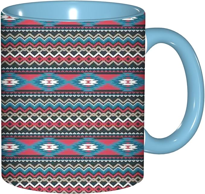 Antique,Ceramic Coffee Mug, Striped Antique Mayan Patterns, Funny Tea Cup, 6 Colors to Choose, 11 Oz, Dishwasher and Microwave Safe (Sky blue)