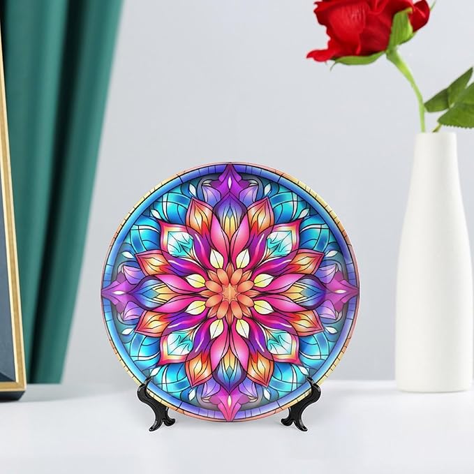 Decorative Plates, Moroccan Floral Stained Glass Design Ceramic Dinner Plate Home Wobble-Plate with Display Stand, Wall Hanging Decor for Kitchen Household 7 Inch, Gifts for Family Friends
