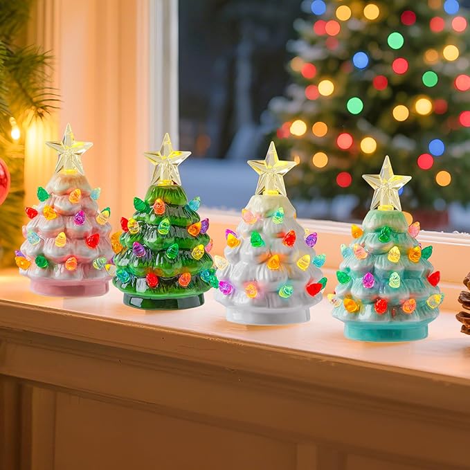 Brightown 4.3 Inch Mini Ceramic Christmas Tree Set - 4 Pack Tabletop Christmas Tree with Multicolored LED Lights, Battery Operated Small Lighted Tree for Home Office Table Holiday Decor, 4 Colors