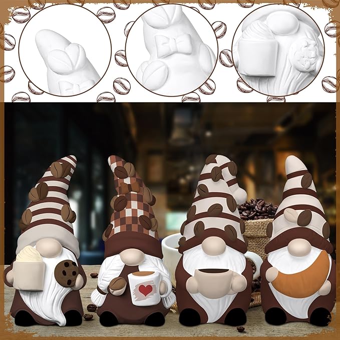 Eersida 6 Sets Gnome Ceramics to Paint Pumpkin Ready to Paint Your Own Ceramic Gnome Statues DIY Unpainted Ceramics Paintable Figurines Kit Crafts with Brush Palette(Coffee)
