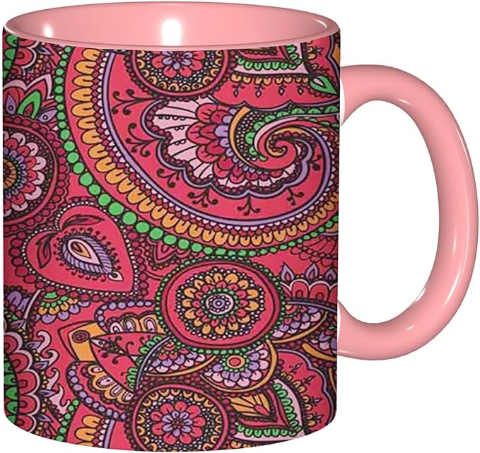 Asian,Ceramic Coffee Mug, Pattern Based on Traditional, Funny Tea Cup, 6 Colors to Choose, 11 Oz, Dishwasher and Microwave Safe (Pink)