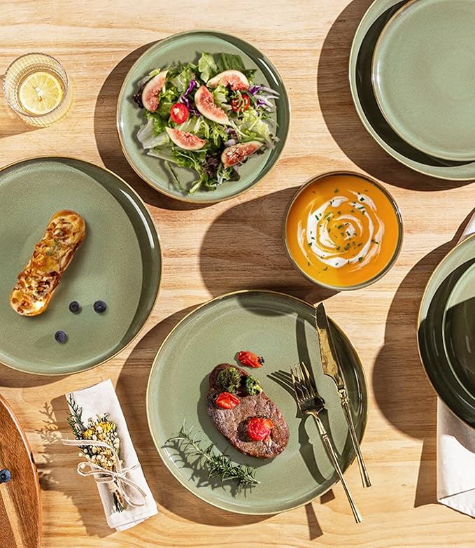 TheTerra Ceramic Dinnerware Sets for 8, 24 Pieces Porcelain Lightweight Plates and Bowls Sets, Scratch Resistant Dish Set, Oven & Microwave & Dishwasher Safe, Sage Umber
