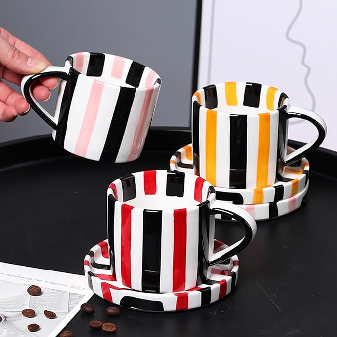 Espresso Cups Ceramic Coffee Mug Series European Striped Dot Coffee Cup And Saucer Mug Cake Plate Afternoon Tea Set Tea Cup And Saucer,Yellowblack