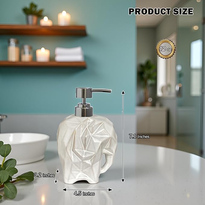 Elephant Soap Dispenser, Geometric Ceramic Lotion Dispenser, Caahanjia White Hand Soap Dispenser, Refillable Liquid Dispenser for Bathroom and Kitchen (Elephant White)