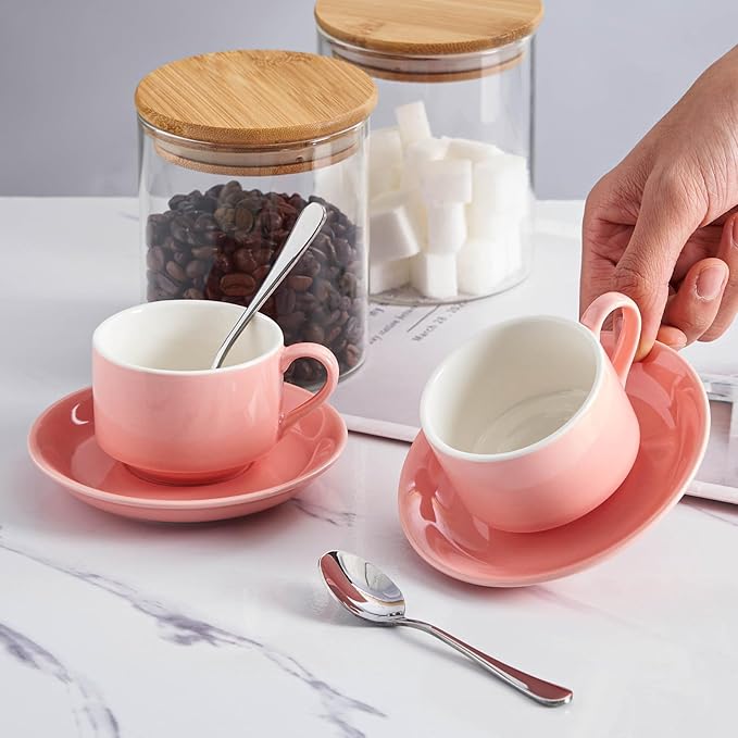 2.5oz Espresso Cups Set of 4, Demitasse Cups and Saucers with Spoons for 4, Expresso Shot Cups for Espresso Machine-Pink