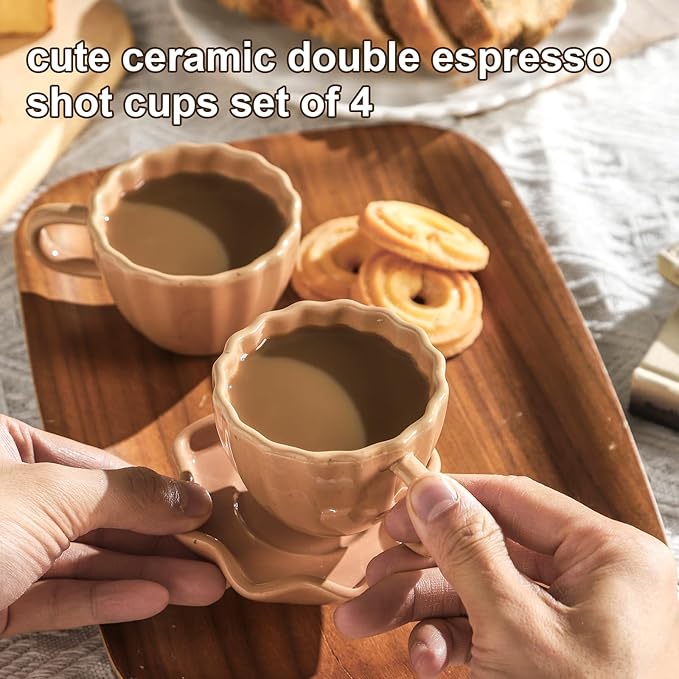 Cute Ceramic Double Espresso Shot Cups Set of 4 Tazas Para Cafe Expresso Cups 3 oz is Suitable for Single and Double Espresso Mugs.