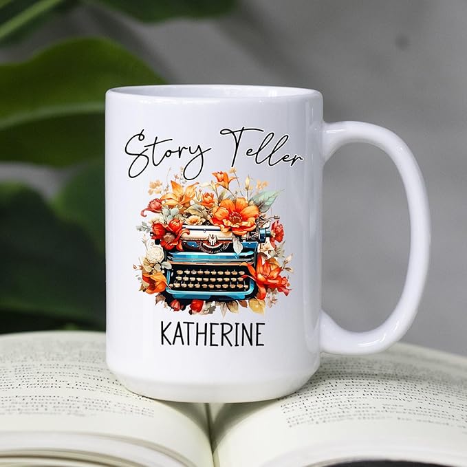 Personalized Writer Ceramic Coffee Mug, Story Teller White Teacup 11 Oz 15 Oz, Customized Name Writer Coffee Cup, Storyteller Mug Gifts for Author Novelist Journalist Writer, Awesome Typewriter Cup