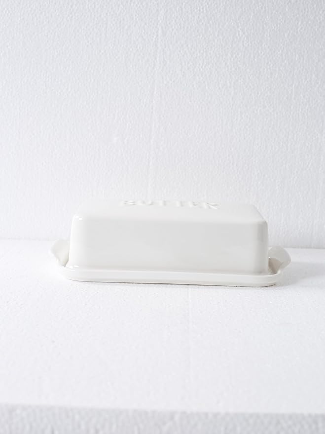 Porcelain Covered Butter Dish with Lid for Countertop Butter Holder Container for One Stick of Butter. Textured Tray Butter Keeper for Non Slip Storage-White Small