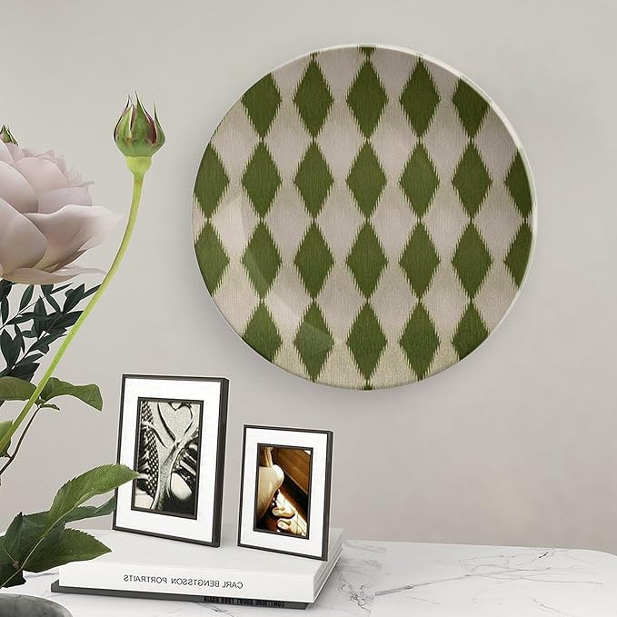 Custom Gifts Ceramic Decorative Plate, Geometric Ikat in Forest Green Wall Hanging Decorative Plate Wedding Unique Art with Stand, Country Decor for Kitchen Housewarming Gifts Wall, 6", 7", 8", 10"