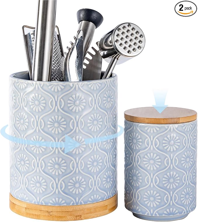 TEATALK Ceramic Utensil Holder Set, 360° Rotating Organizer for Countertop, Farmhouse Vintage Style, Large and Small Crocks in Light Blue，7.7"+5.7", Light Blue