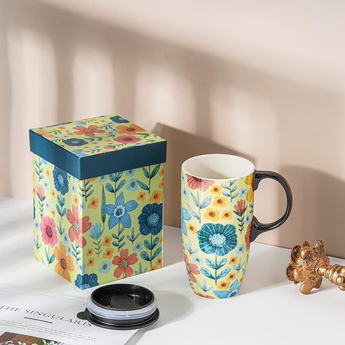 Topadorn 17oz Ceramic Travel Mug with Lid & Handle, Porcelain Coffee Cup with Gift Box, Dishwasher & Microwave Safe, for Latte,Tea, Cocoa, Milk, Home & Office