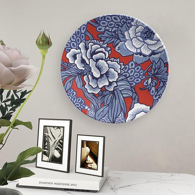 Red And Blue Chinoiserie Peony Floral Decorative Plate of 6", 7", 9", 10", Personalized Colorful Chinoiserie Flower Dinner Plates, Display Club Decorations Wedding, Including Bracket And Special Hook