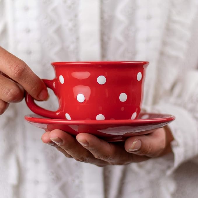 City to Cottage Handmade Red and White Polka Dot Ceramic 8.4oz/250ml | Cappuccino, Coffee, Tea Cup and Saucer, Unique Designer Pottery for Tea Lovers